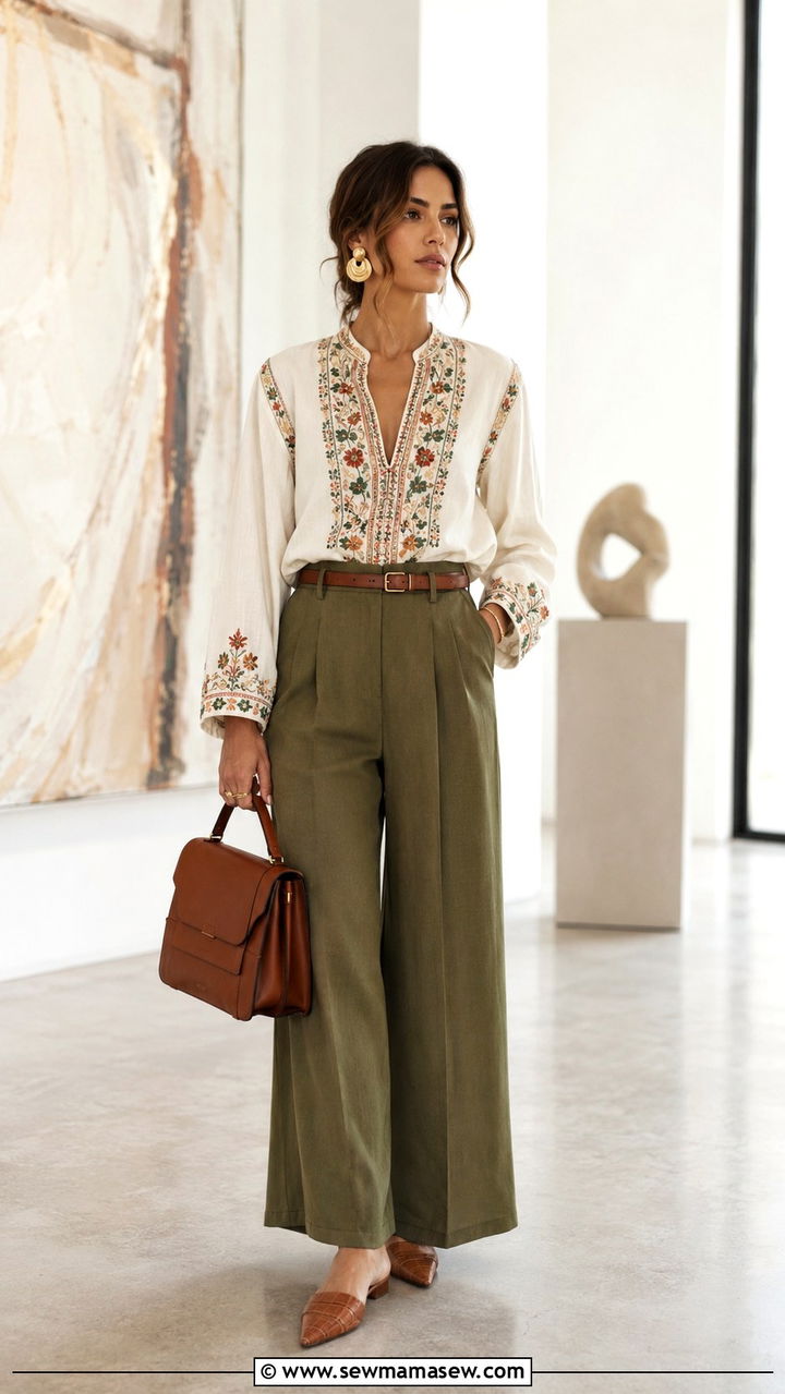 Embroidered Tunic with Tailored Wide Leg Trousers - 30 classy boho chic outfits