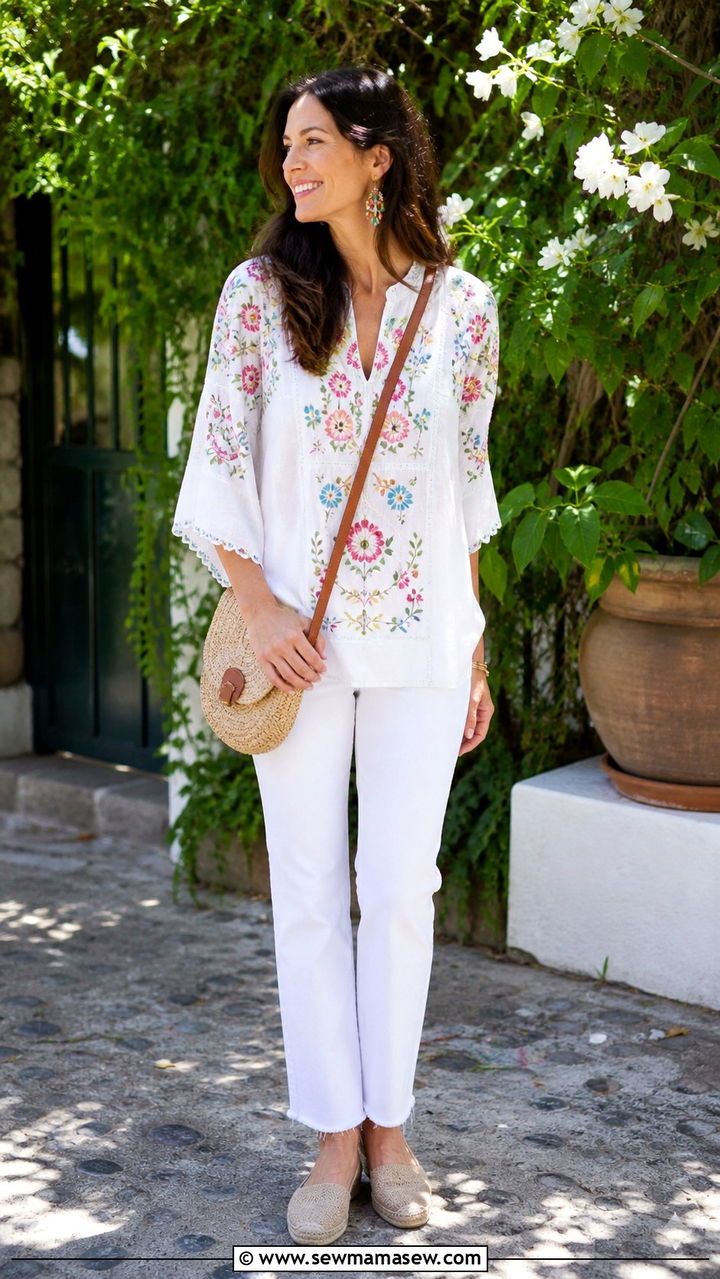 Embroidered Tunic with White Jeans - 40 Spring garden party outfits