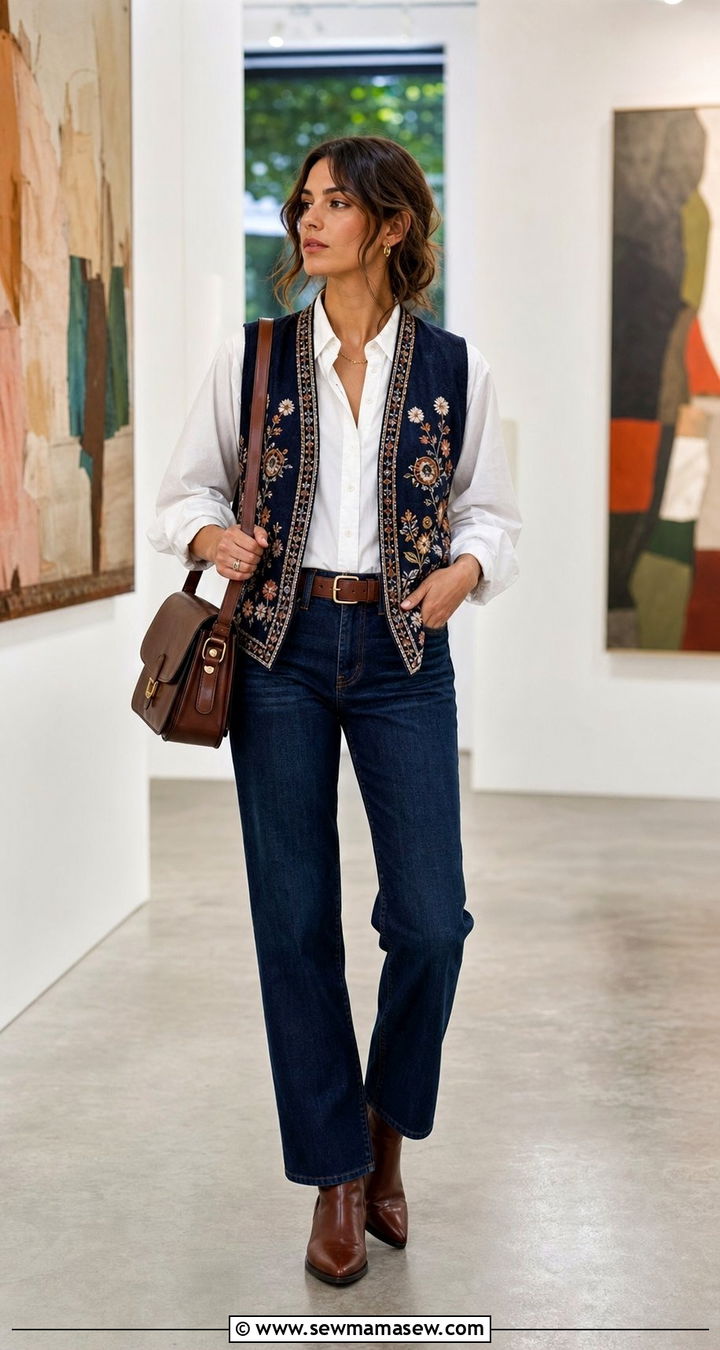 Embroidered Vest And White Blouse Outfit - 35 boho outfit ideas for women