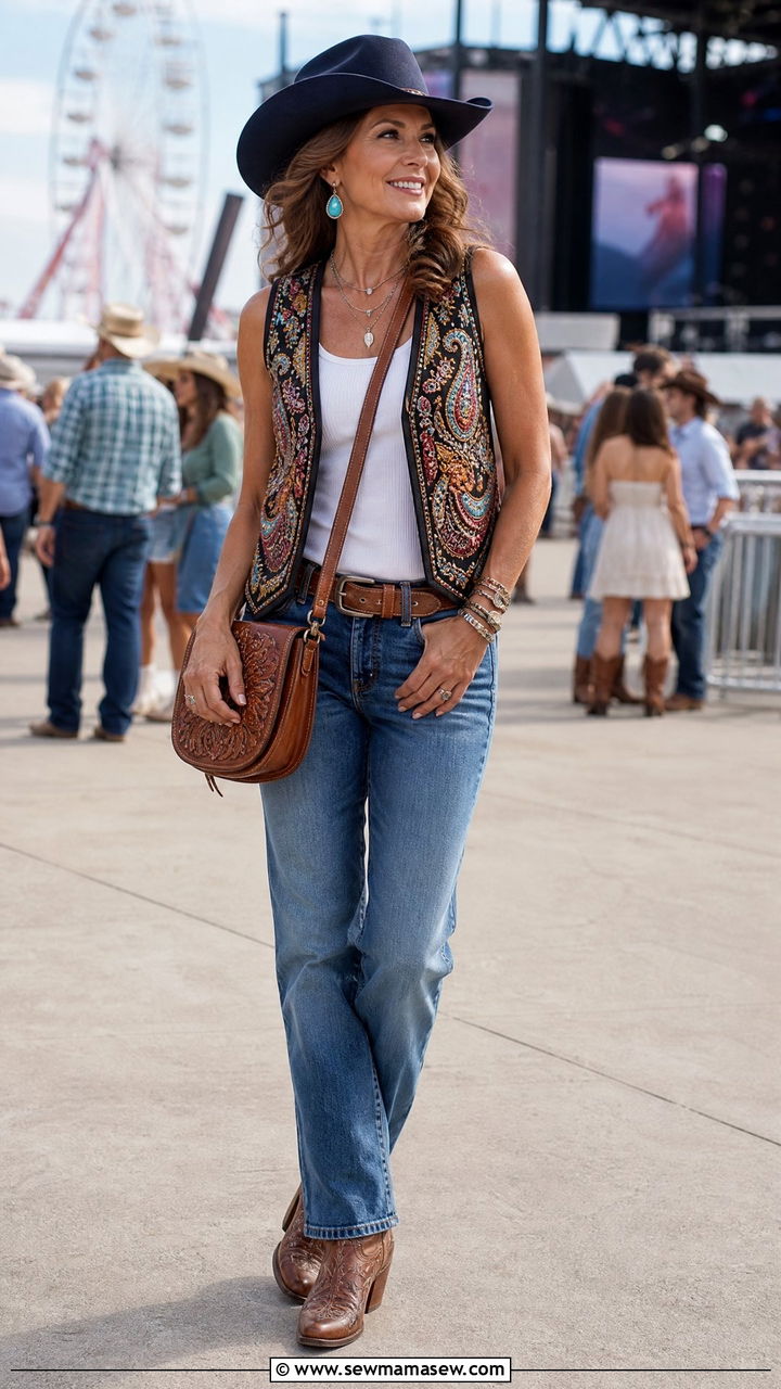 Embroidered Vest over a Denim Base - 30 Country concert outfit ideas for women over 40
