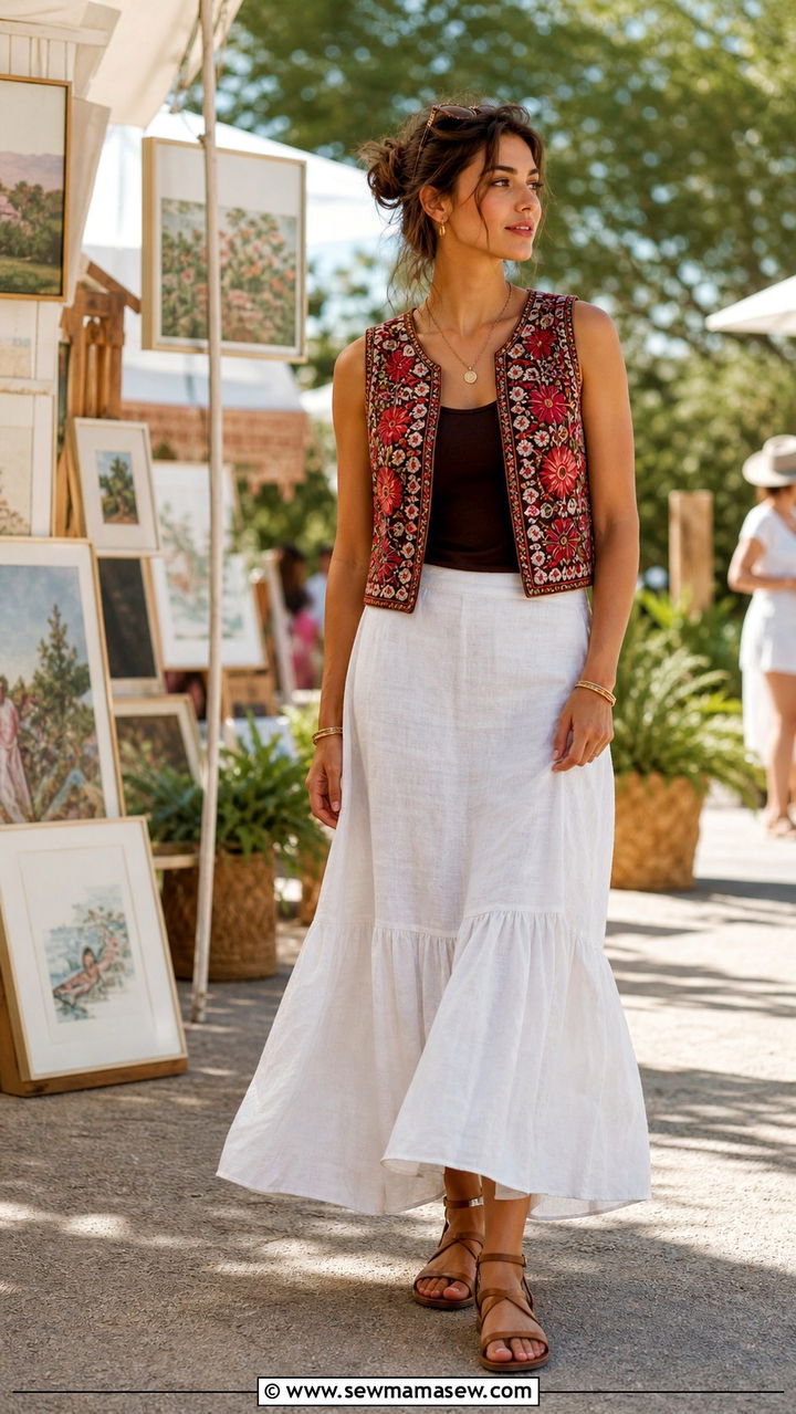 Embroidered Vest with Flowy Linen Skirt and Leather Sandals - 40 summer boho outfits