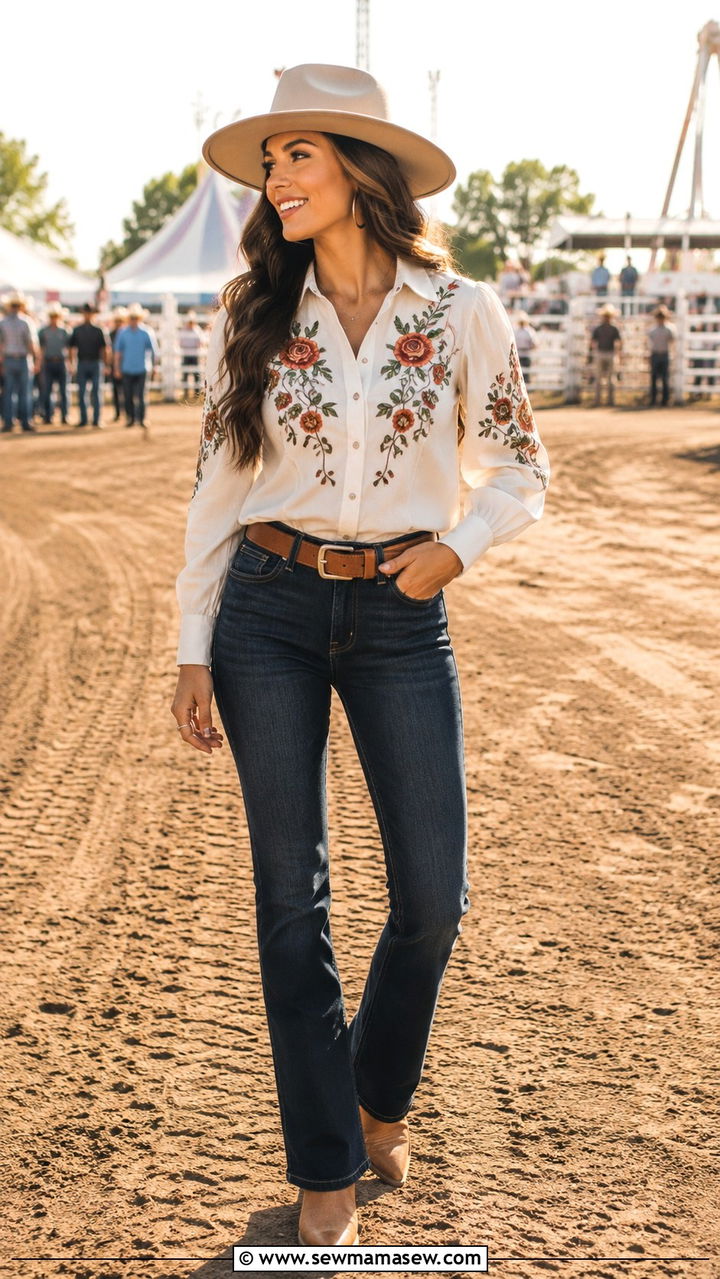 Embroidered Western Blouse with Slim Bootcut Jeans - 25 Western outfit ideas for rodeo