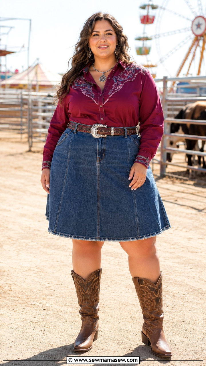 Embroidered Western Shirt And Denim Skirt - 25 Western outfit ideas plus size
