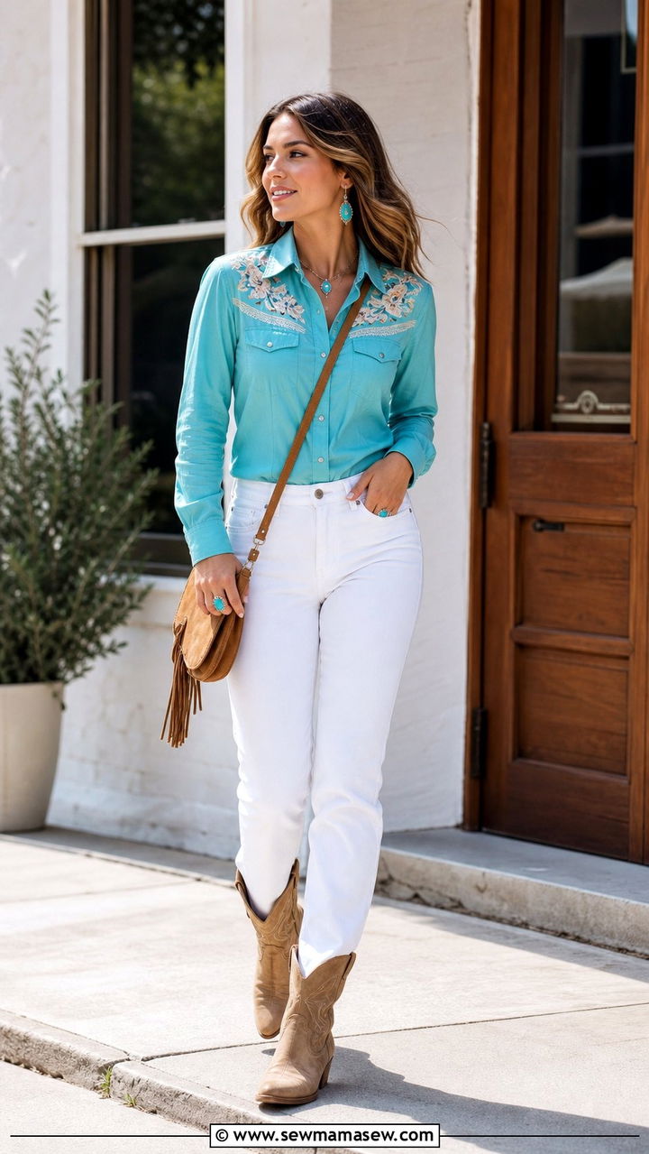 Embroidered Western Shirt And White Jeans - 25 Country girl outfit ideas 2026
