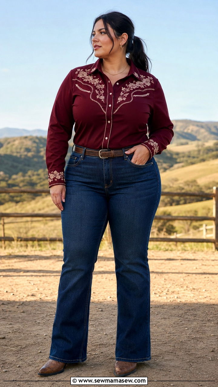 Embroidered Western Shirt and Jeans - 25 Plus size outfit ideas western