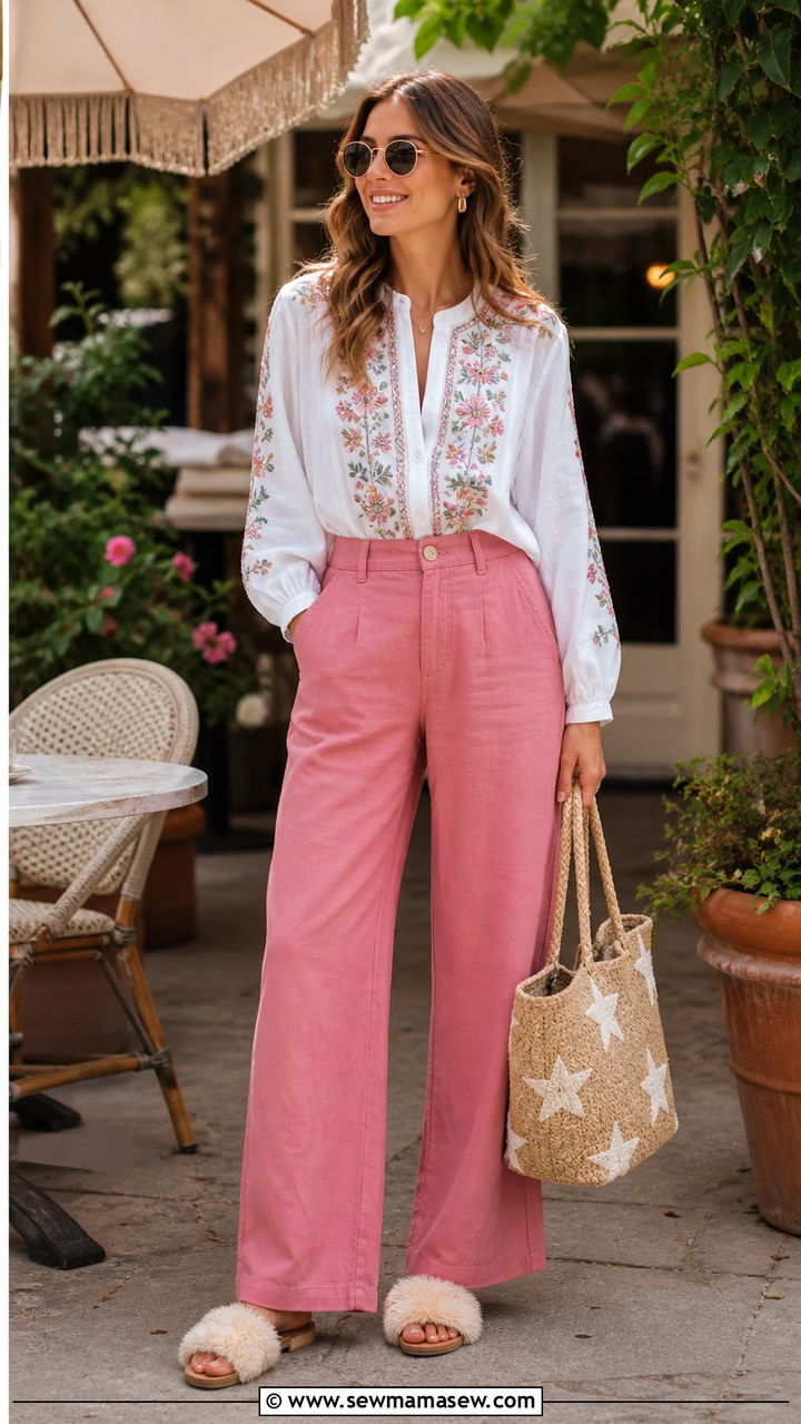Embroidered White Blouse With Rosy Pink Wide Leg Trousers - 40 summer street style outfits