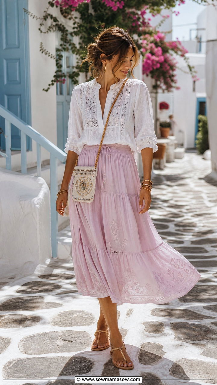 Embroidered White Peasant Blouse And Flowy Midi Skirt - 30 Mykonos vacation outfit ideas