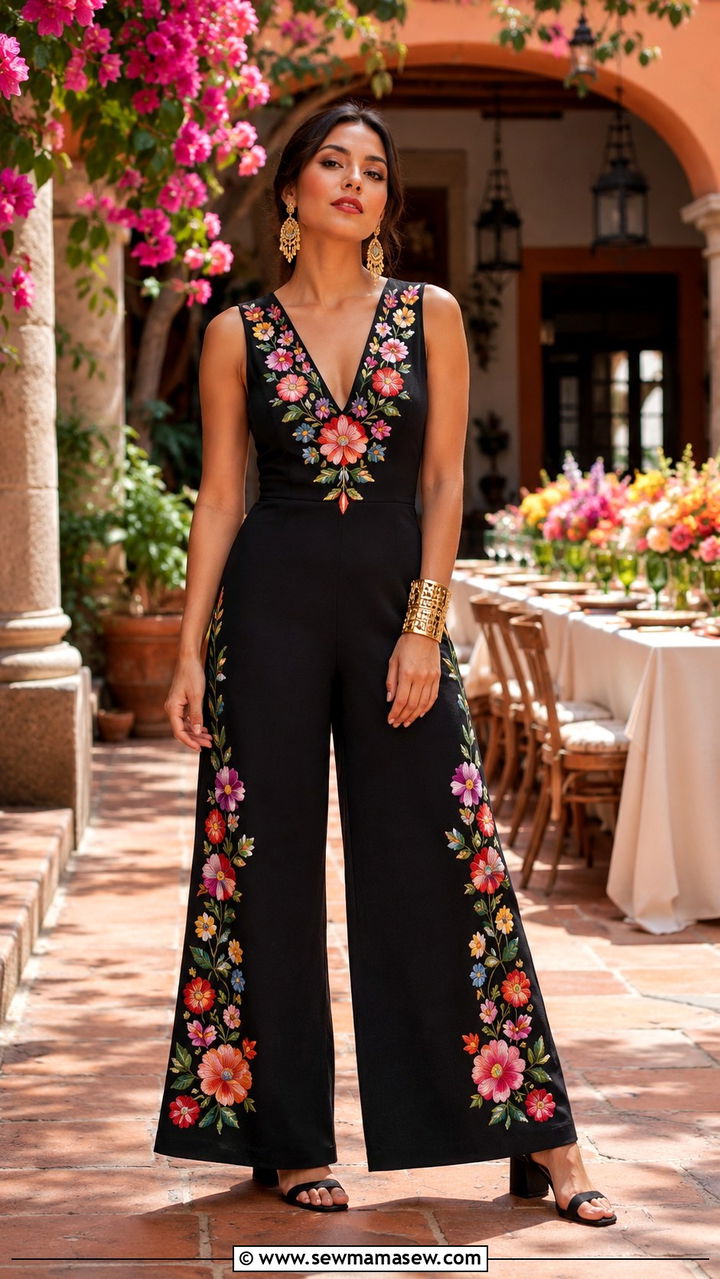 Embroidered Wide Leg Jumpsuit Mexican Wedding - 25 Wedding guest outfit ideas Mexican wedding