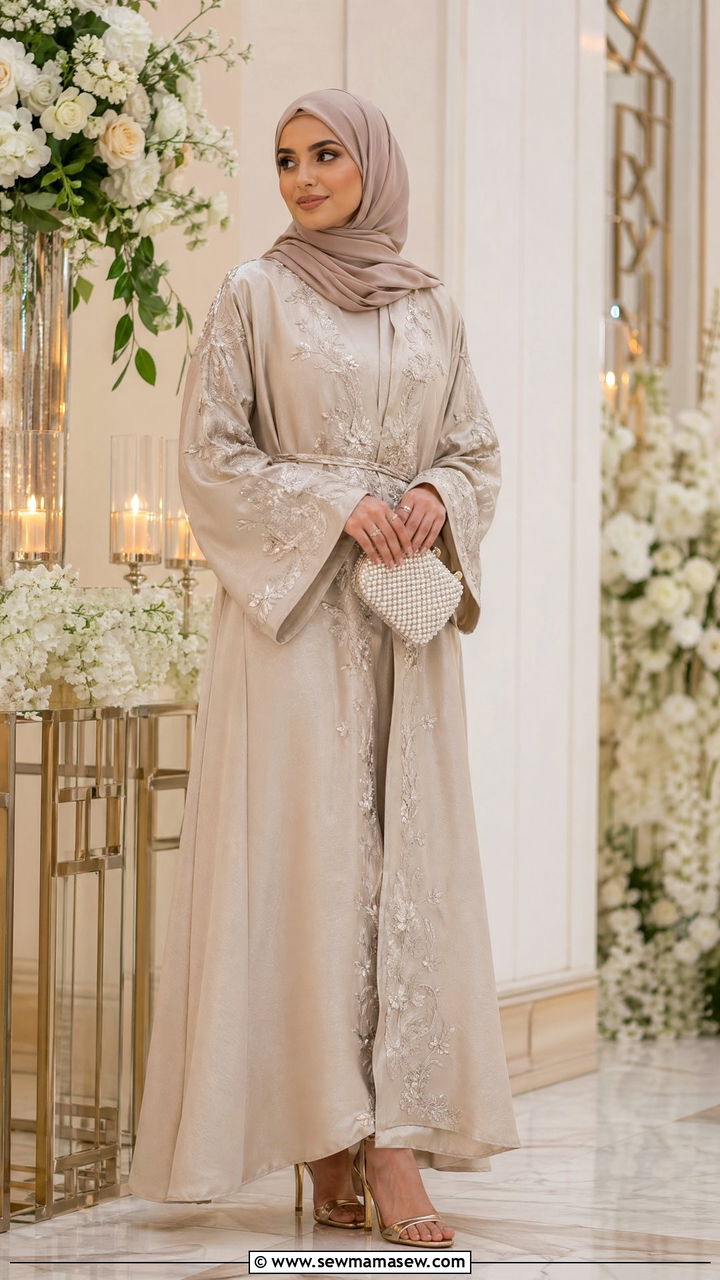 Embroidered abaya with gold heels and pearl clutch - 35 Eid outfit ideas modest