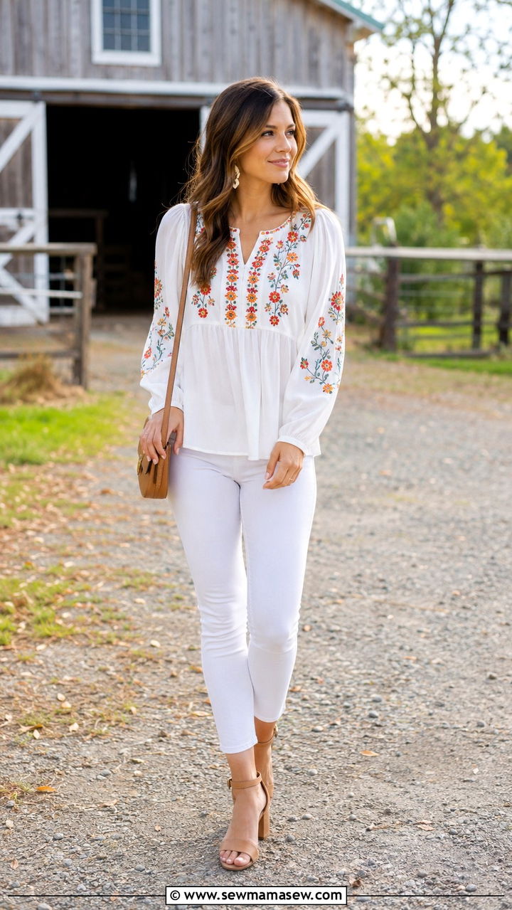 Embroidered blouse and white jeans for spring reunion - 30 Spring outfits for family reunion