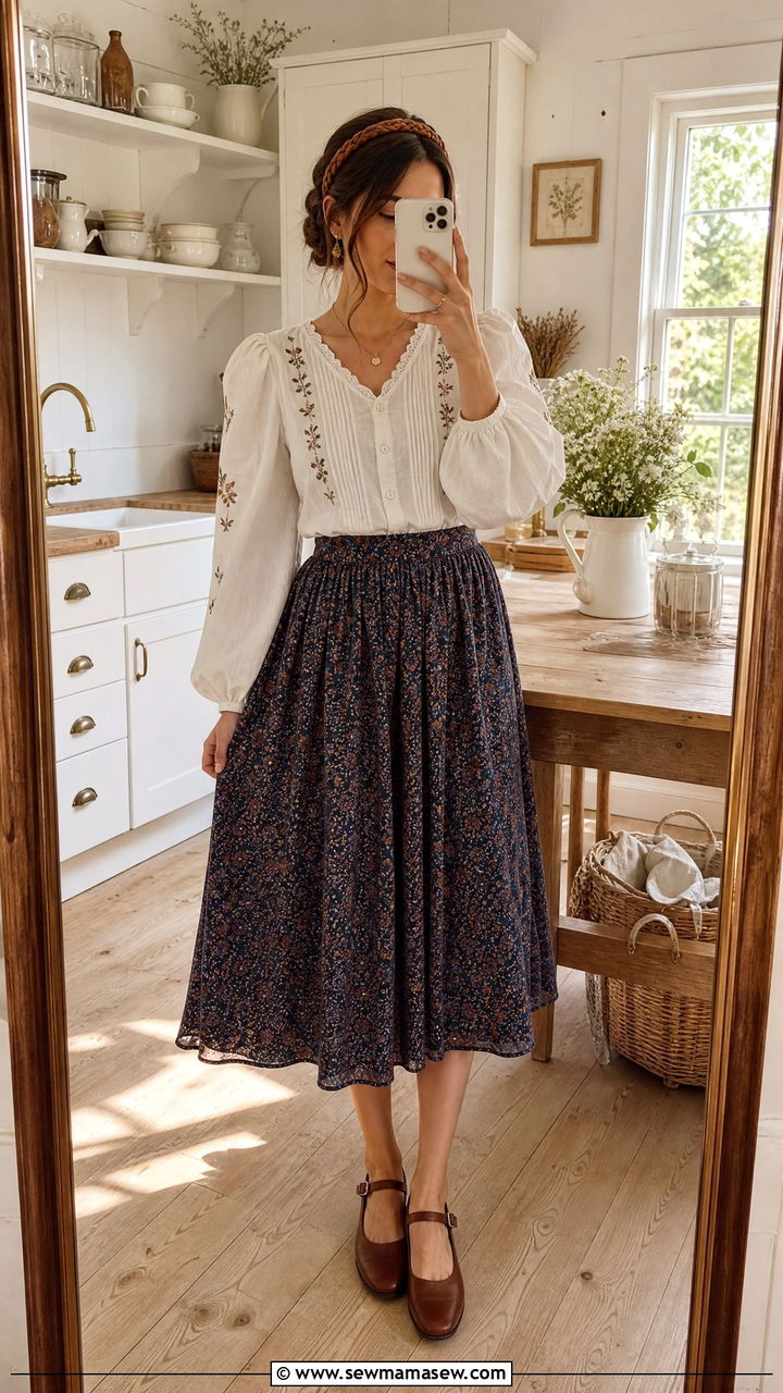 Embroidered blouse with calico skirt - 25 classy cottagecore outfit ideas
