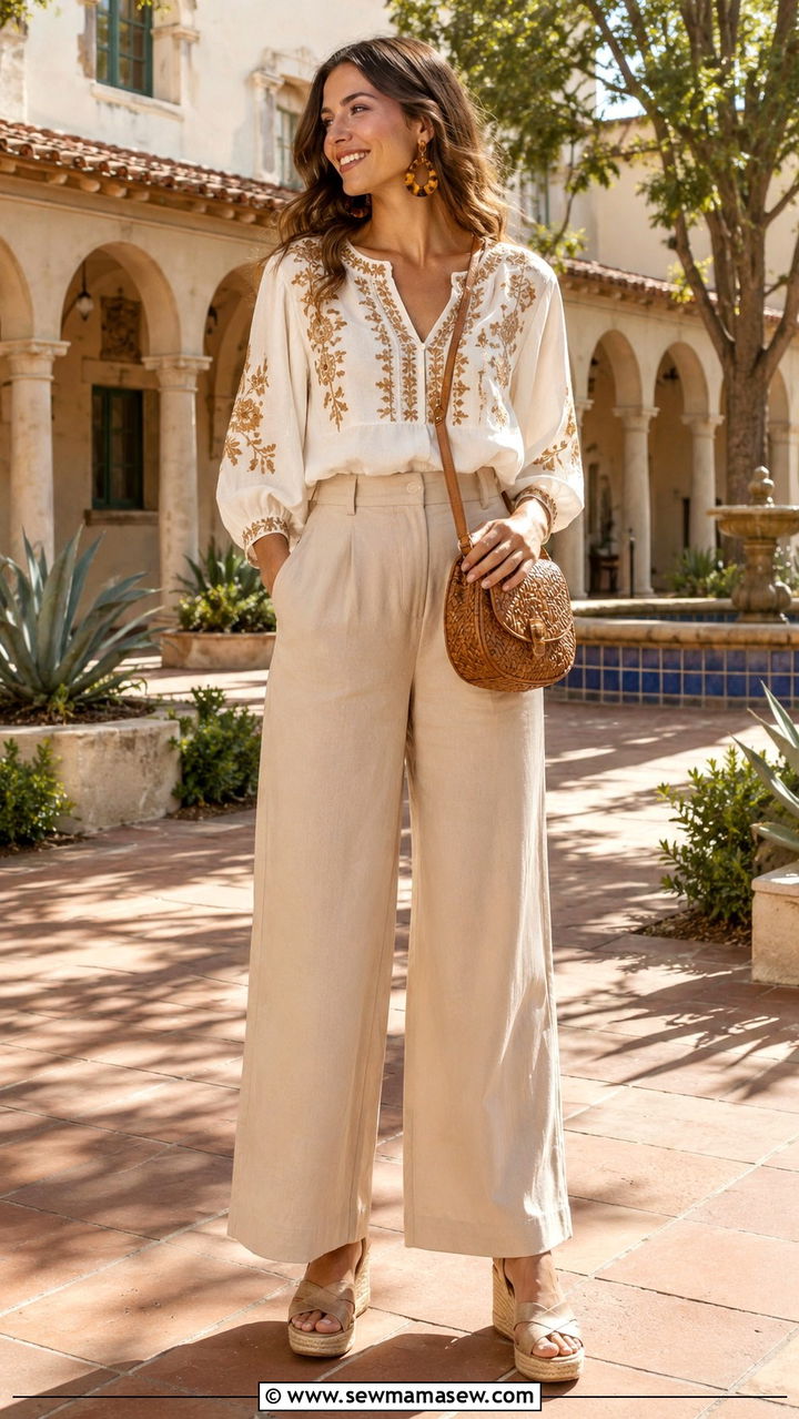 Embroidered blouse with wide leg pants - 30 Rush week outfit ideas