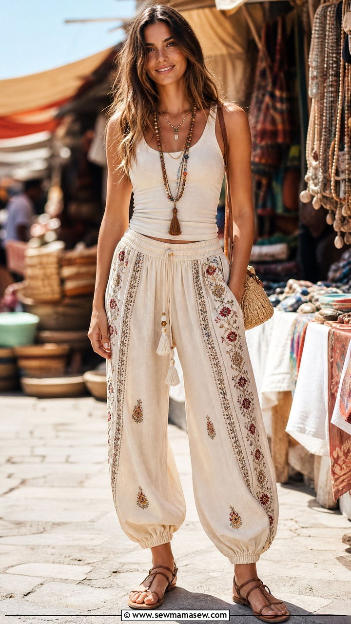 Embroidered boho balloon pants with a neutral tank and flat sandals - 25 how to style balloon pants outfits