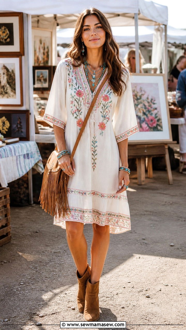 Embroidered boho dress with ankle boots - 40 Cute summer outfits