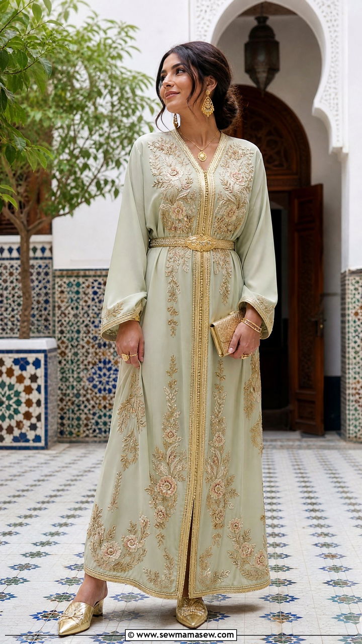 Embroidered caftan with gold jewelry - 25 Rabat outfit ideas