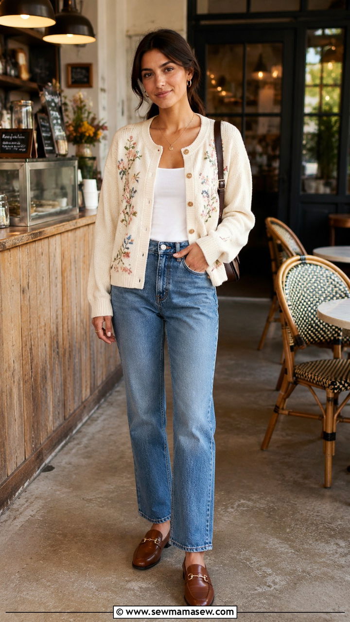 Embroidered cardigan with straight leg jeans and loafers - 30 Grandma chic outfit ideas