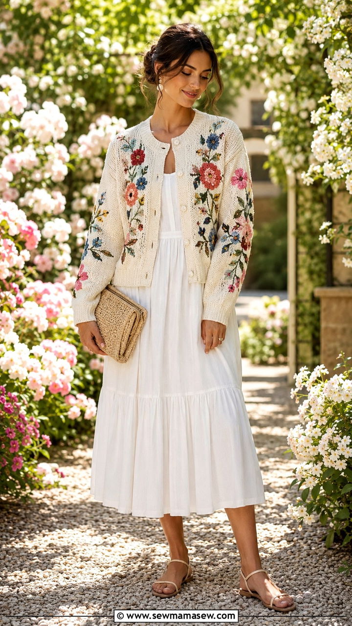 Embroidered cardigan with white midi dress - 30 Spring outfits with cardigan