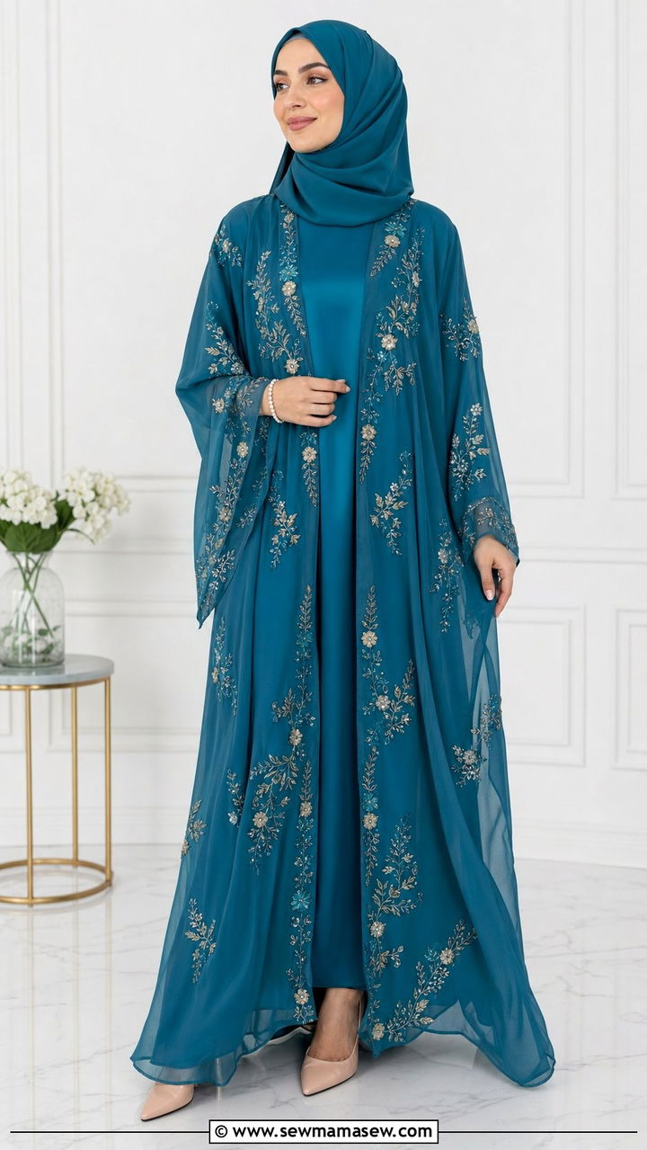 Embroidered chiffon abaya three piece set - 25 Eid outfit ideas with abaya