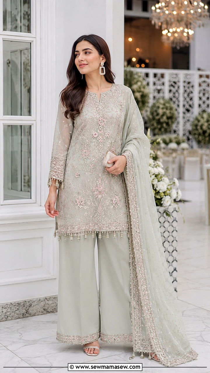 Embroidered co ord set with wide leg pants for Walima - 25 Wedding guest outfit ideas Walima ceremony