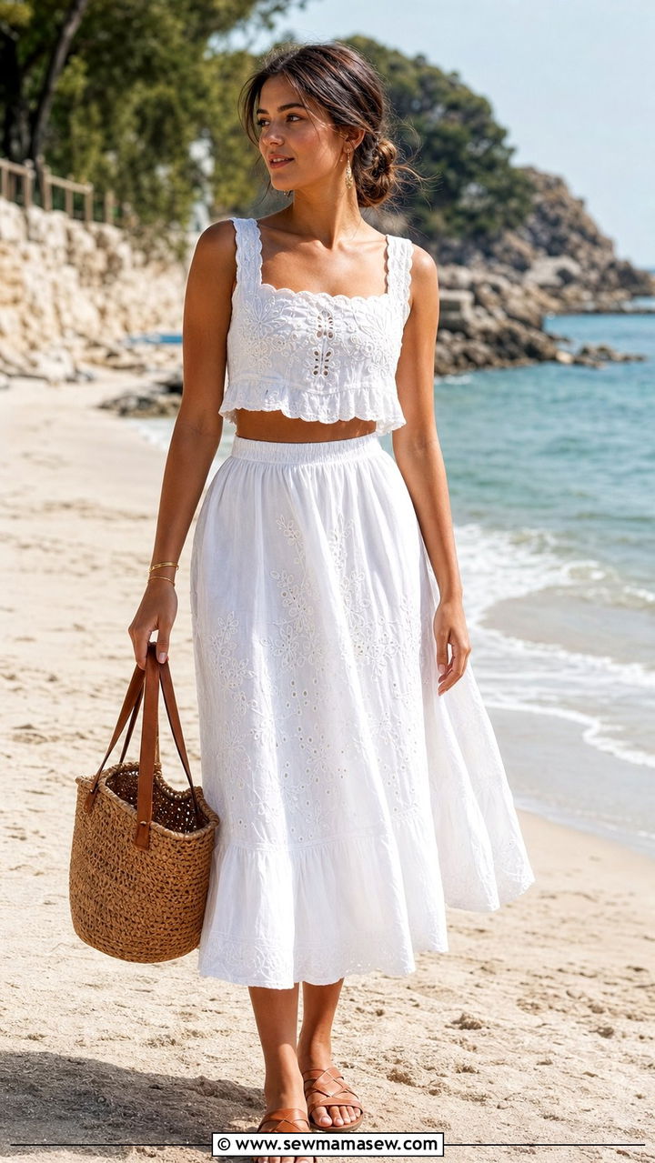 Embroidered cotton crop top and midi skirt coord set - 25 Coord set outfit ideas for travel
