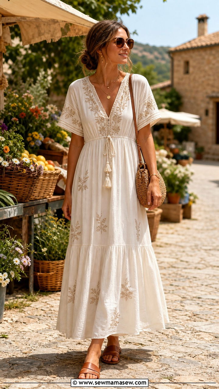 Embroidered cotton maxi dress with flat tan sandals - 40 Summer outfit ideas 2026