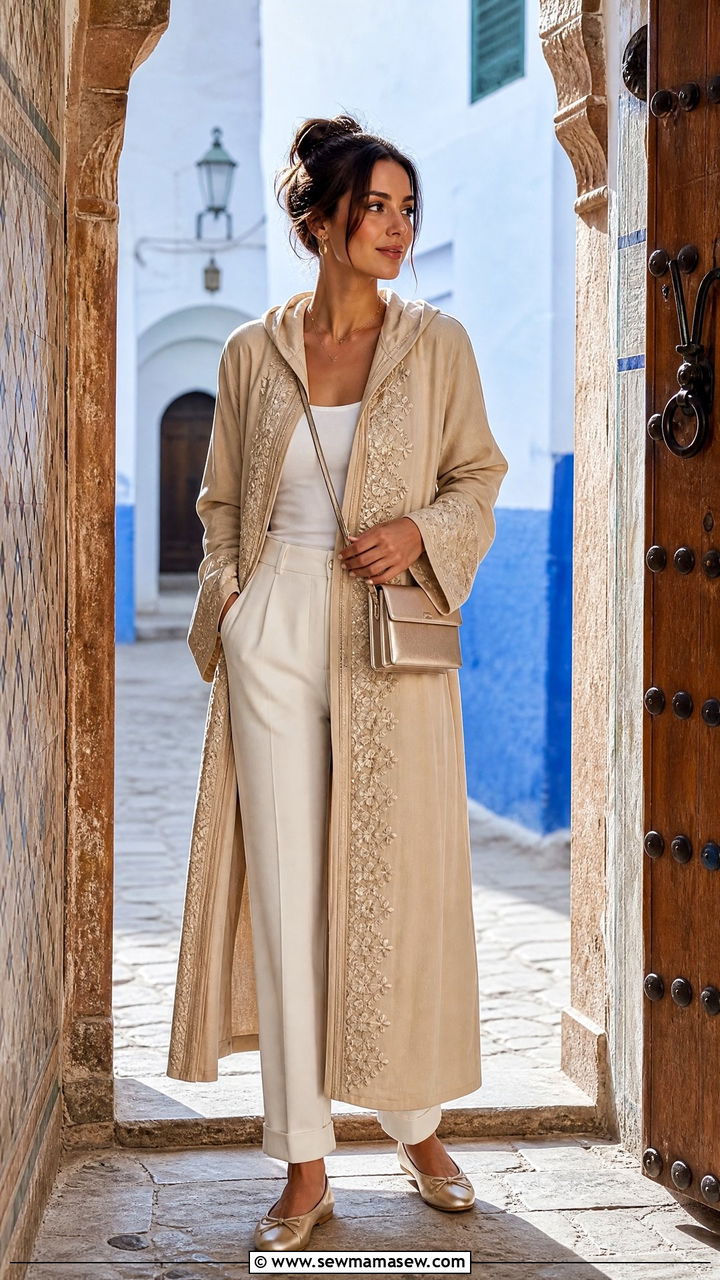 Embroidered djellaba coat over a solid base - 25 Rabat outfit ideas