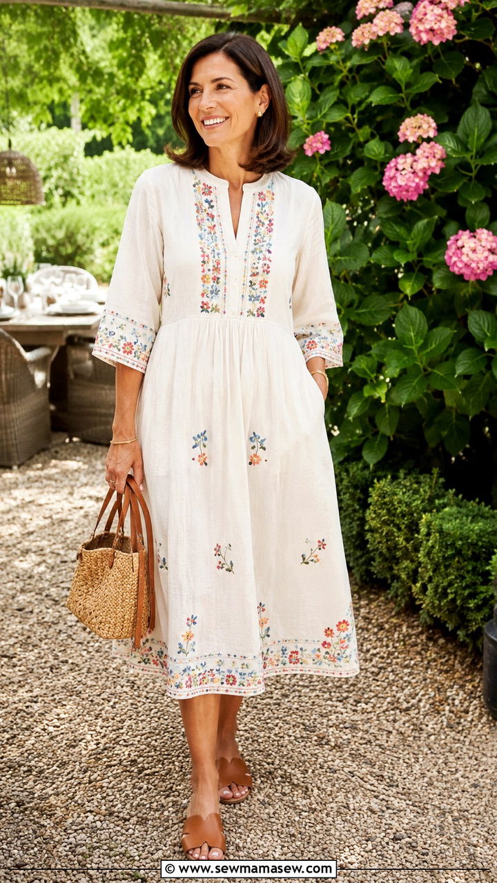 Embroidered dress with tan slides - 30 Dress outfit ideas for women over 40