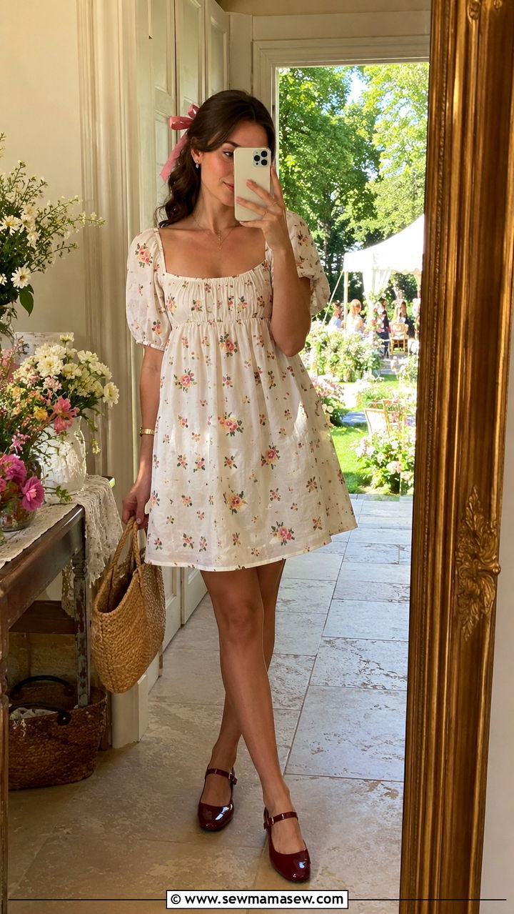 Embroidered floral babydoll dress with Mary Jane flats - 30 Romantic summer outfit ideas