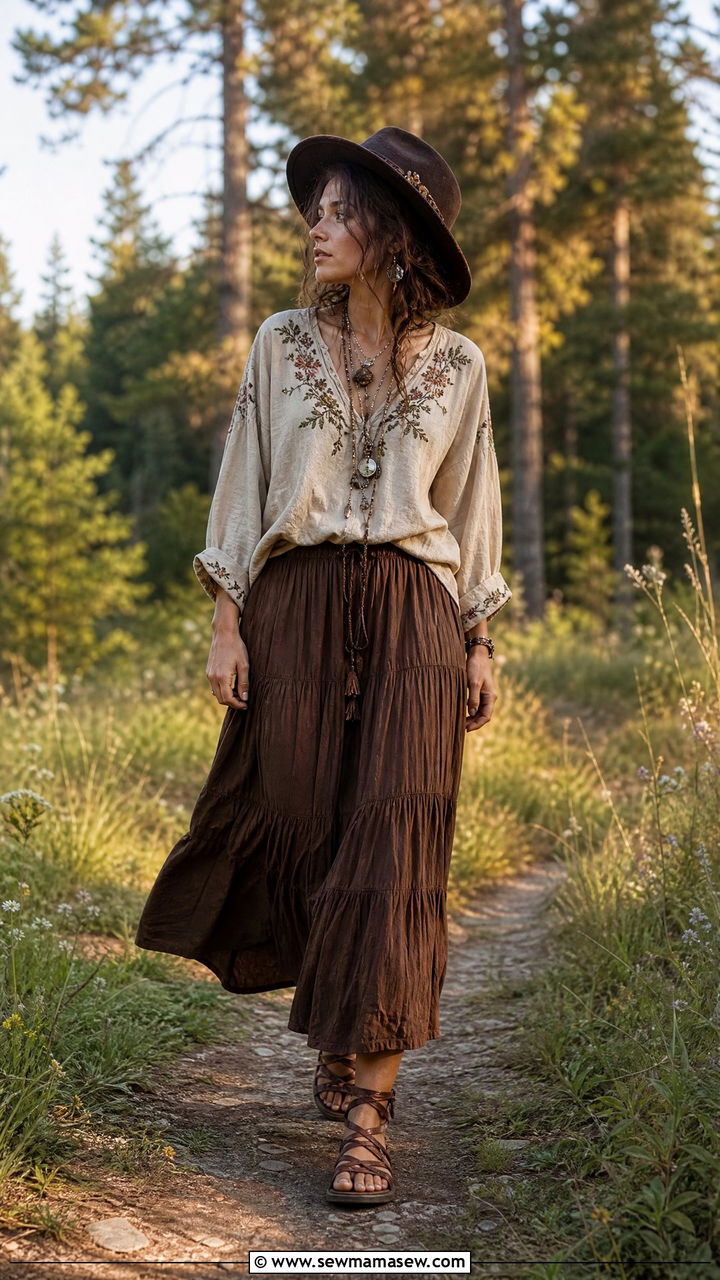 Embroidered folk blouse and brown maxi skirt with strappy sandals - 30 Goblincore outfit ideas