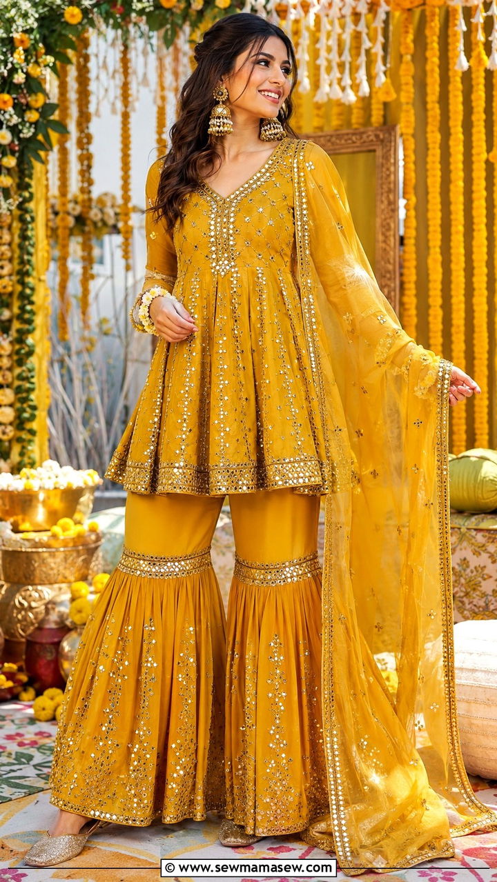 Embroidered gharara set for a mehndi function - 30 Lahore outfit ideas