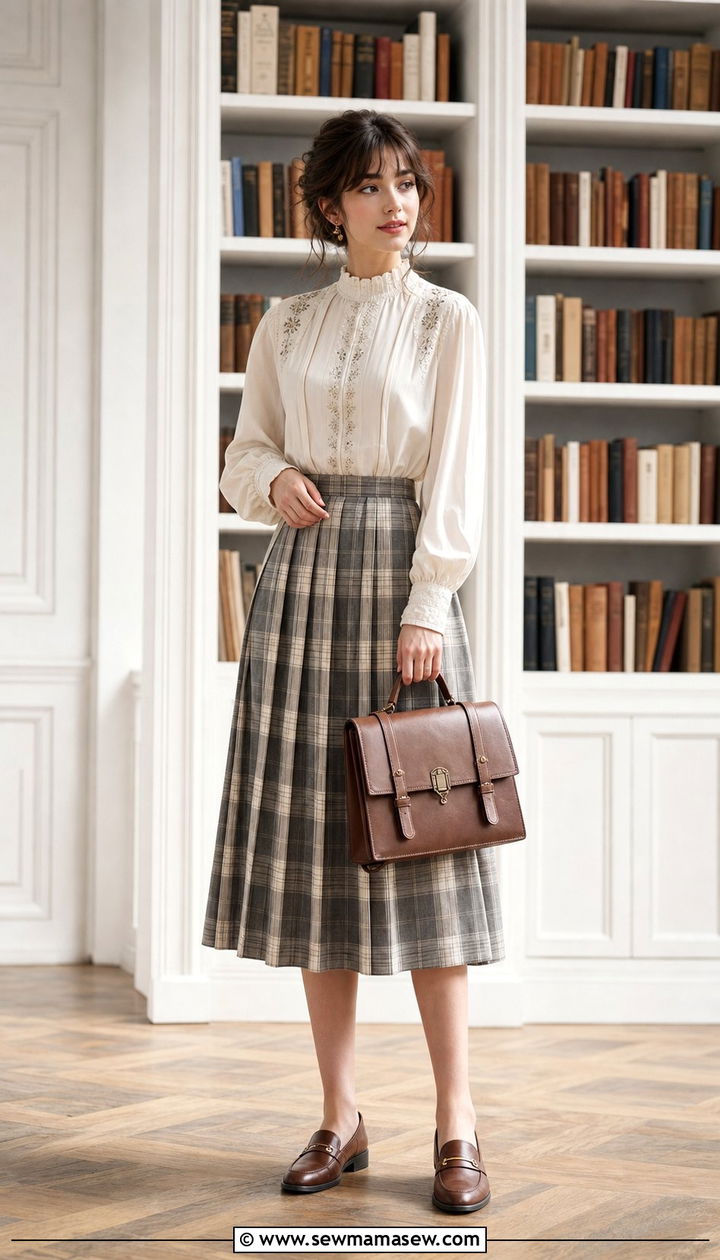 Embroidered high neck blouse and plaid pleated midi skirt outfit - 25 spring light academia outfits