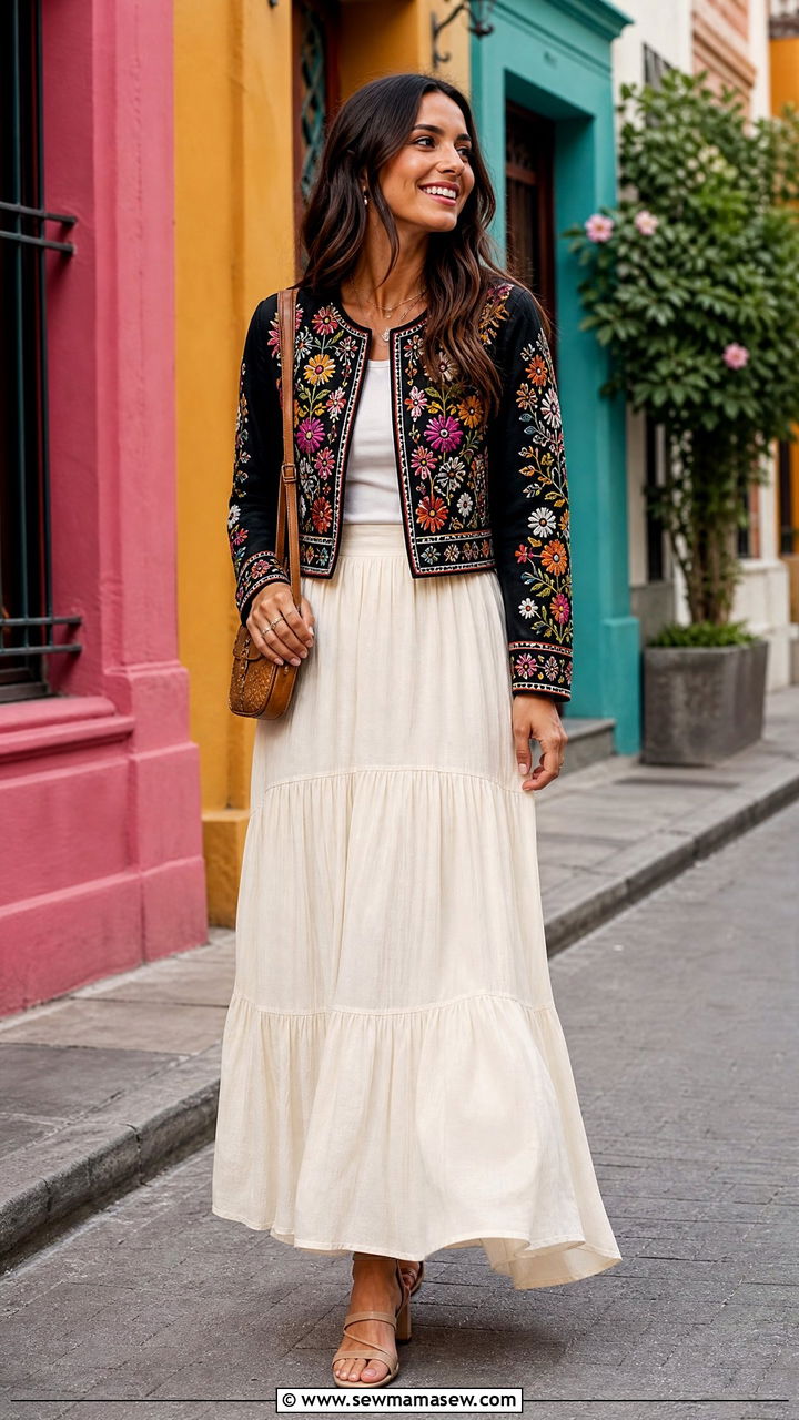Embroidered jacket with a maxi skirt - 30 Boho outfit ideas petite