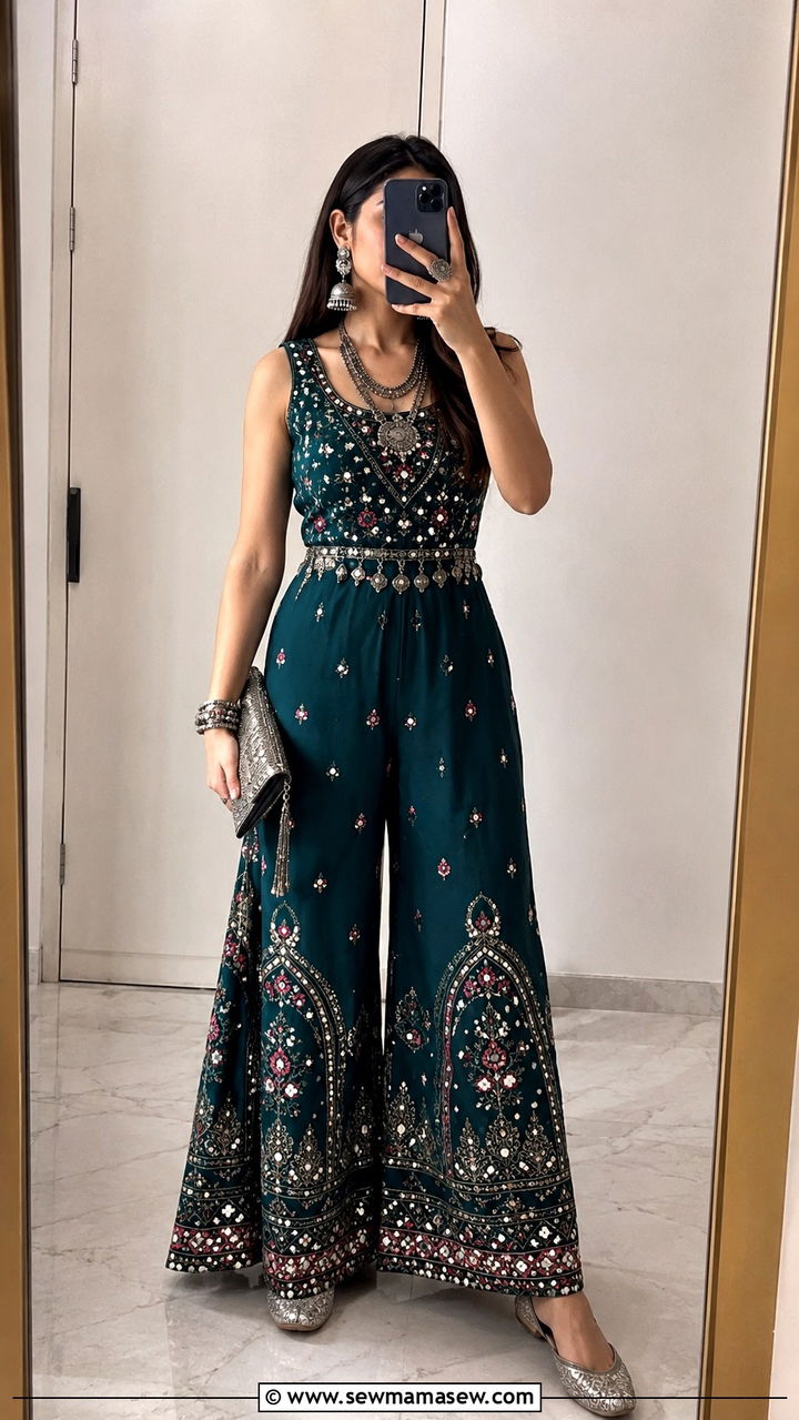 Embroidered jumpsuit with oxidised jewellery - 30 Navratri outfit ideas