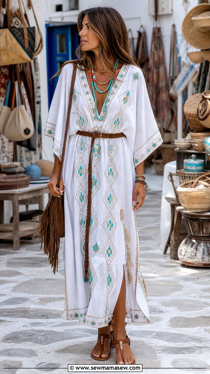 Embroidered kaftan as a dress with brown sandals for Mykonos - 40 What to wear in Mykonos