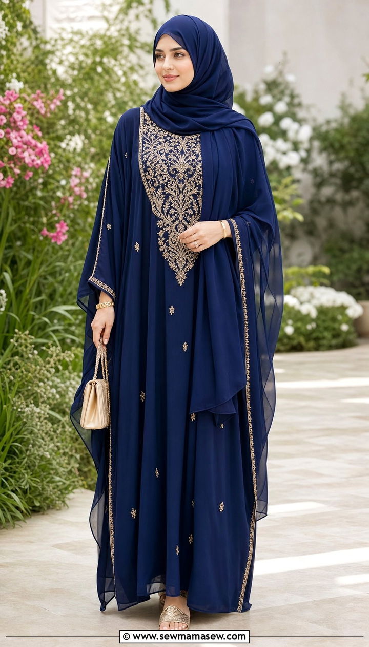 Embroidered kaftan dress with flat sandals and chiffon hijab - 25 classy outfits for hijab women