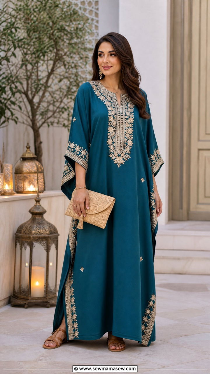 Embroidered kaftan with flat sandals - 25 Iftar outfit ideas