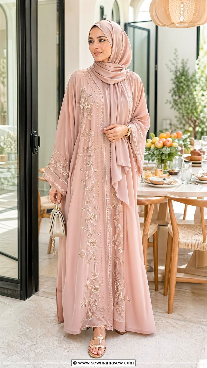Embroidered kaftan with metallic sandals - 35 Eid outfit ideas modest