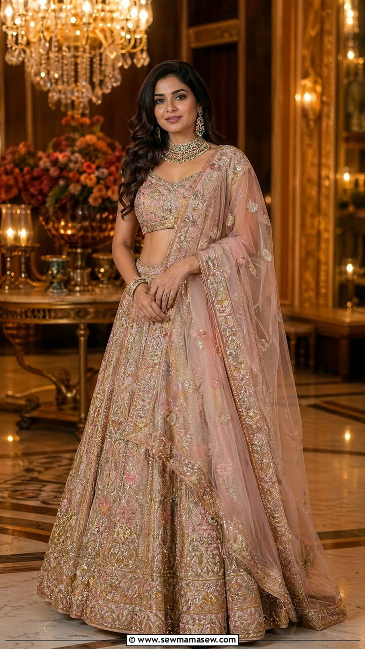 Embroidered lehenga choli with sheer dupatta - 35 Diwali party outfit ideas