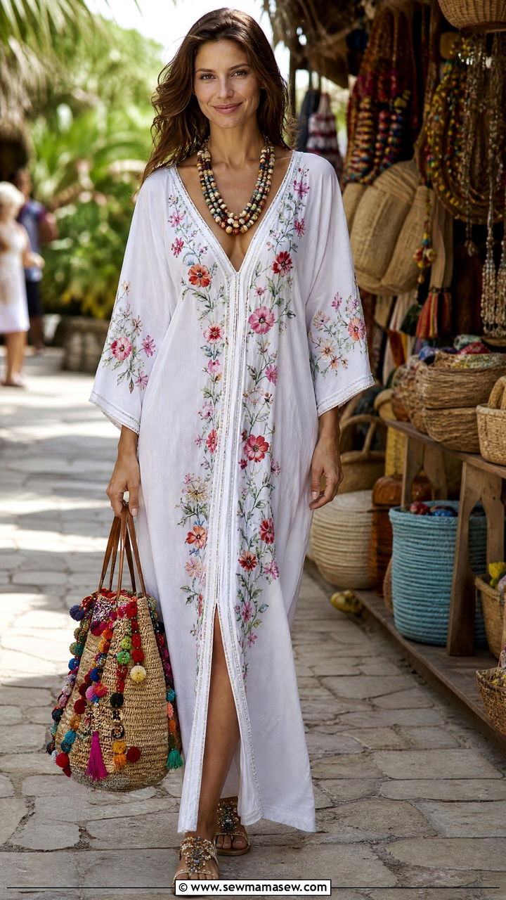 Embroidered maxi cover up with beaded accessories - 35 Maxi cover up outfit ideas
