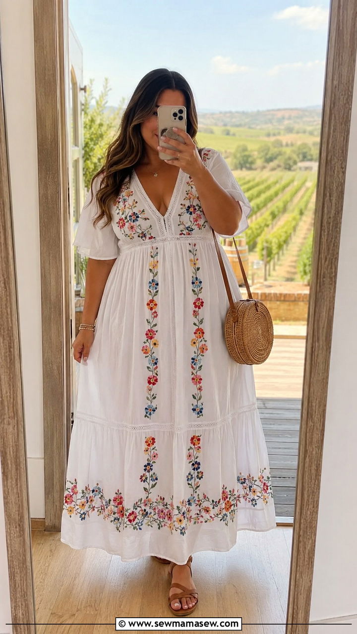 Embroidered maxi dress for plus size bridal shower - 30 plus size bridal shower outfit ideas