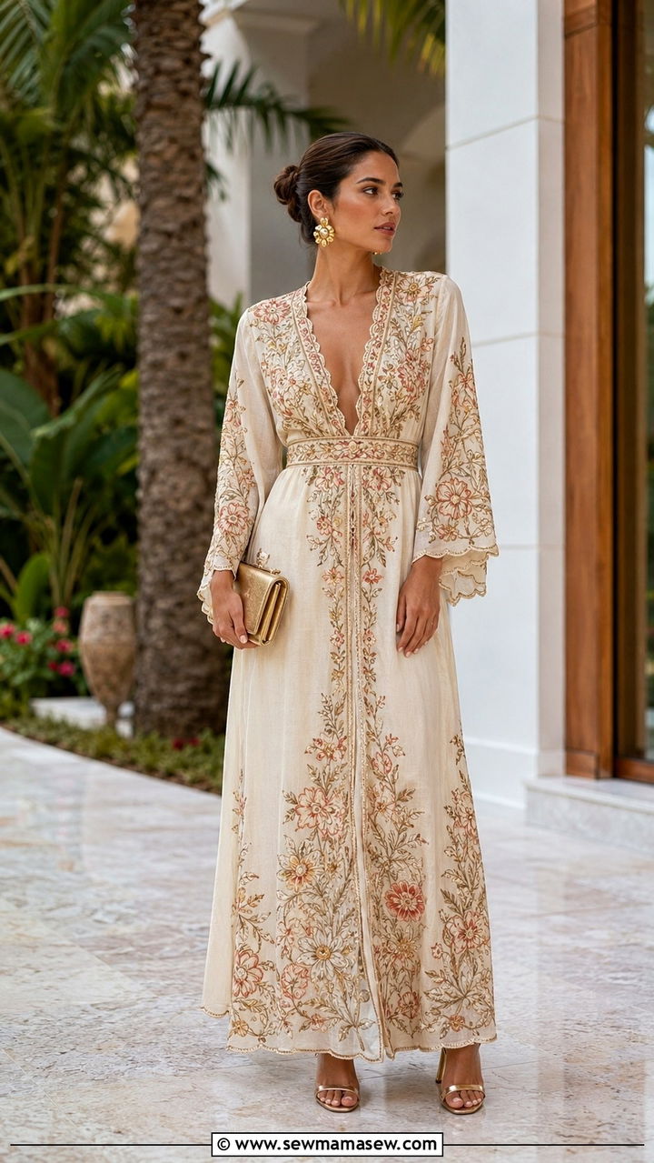 Embroidered maxi dress with statement jewelry - 30 classy resort outfits