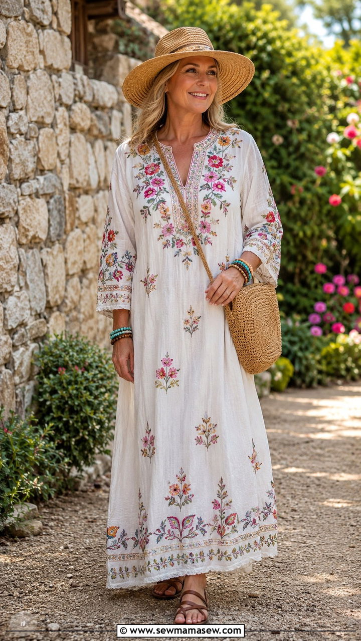 Embroidered maxi dress with straw hat - 30 Boho outfits for women over 50