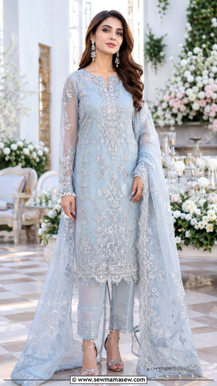 Embroidered organza dress with matching trousers - 30 Lahore outfit ideas