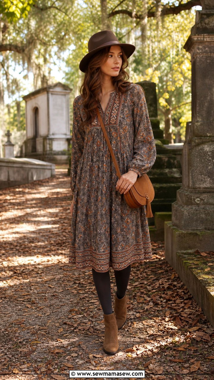 Embroidered peasant dress and ankle boots Savannah fall outfit - 40 What to wear in Savannah