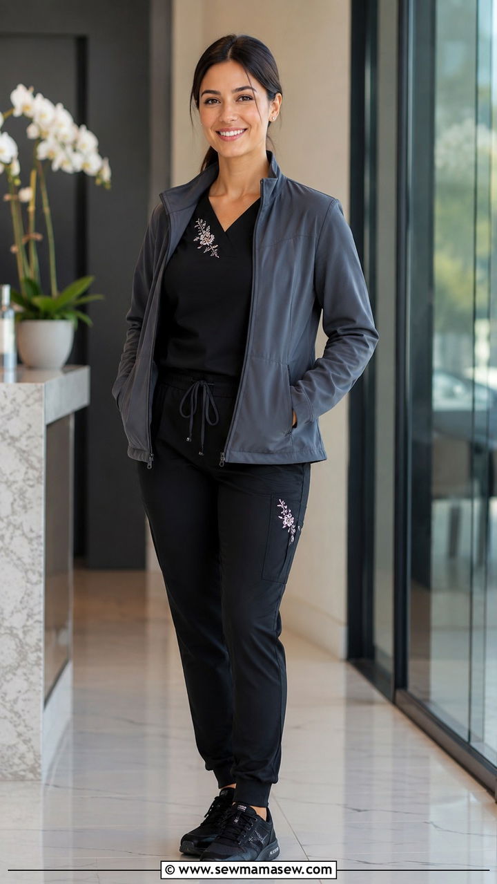 Embroidered scrub set with zip up jacket - 25 Vet tech outfit ideas