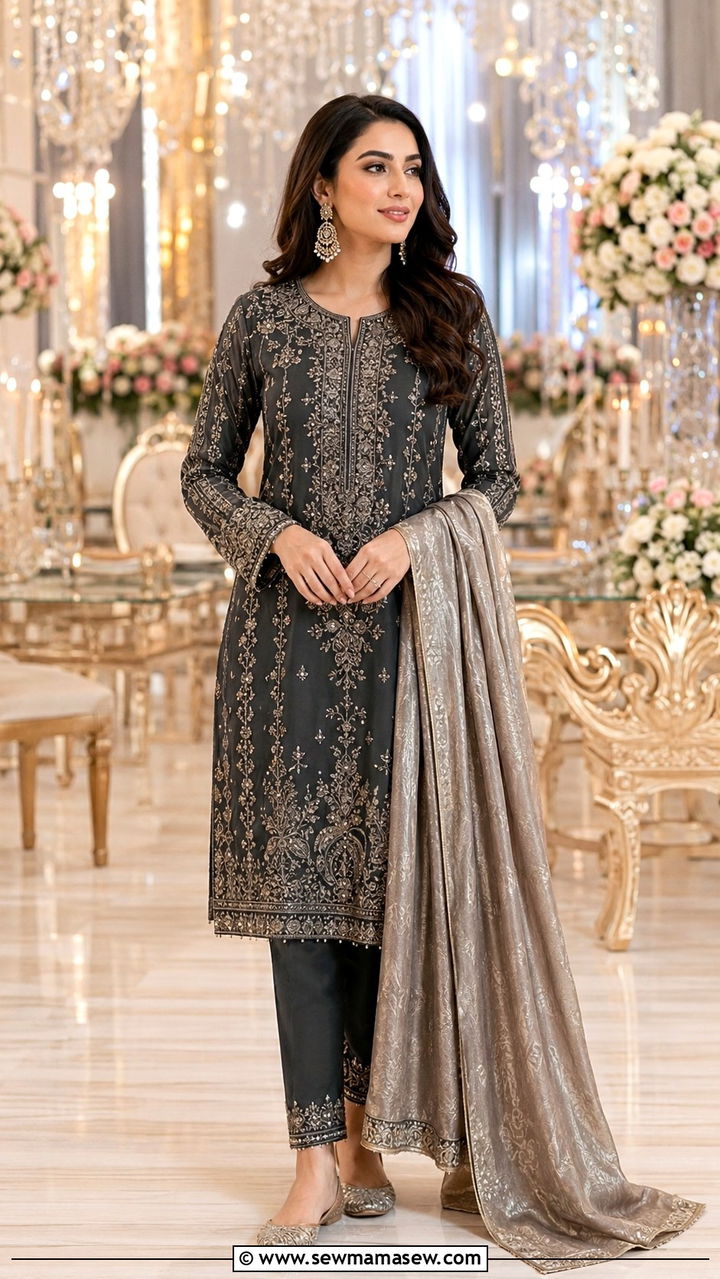 Embroidered shalwar kameez with heavy dupatta for Walima - 25 Wedding guest outfit ideas Walima ceremony