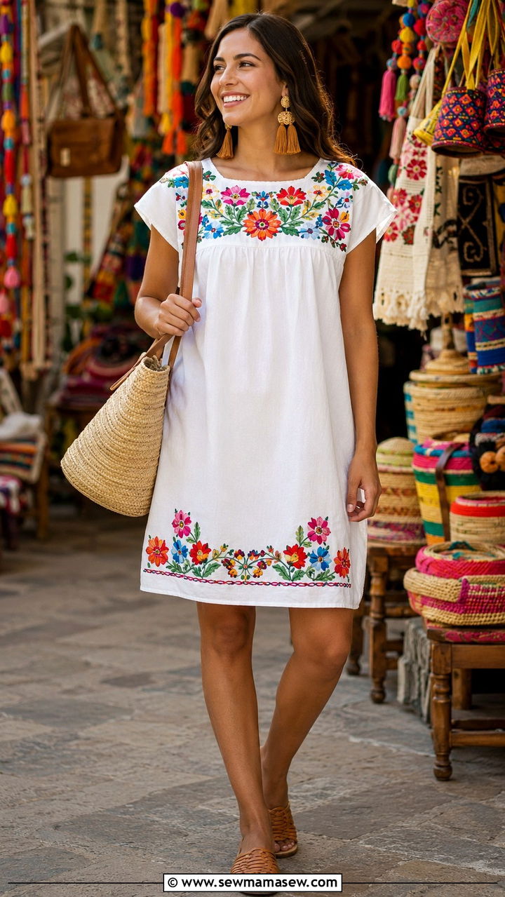 Embroidered shift dress with huaraches - 30 Shift dress outfit ideas for summer