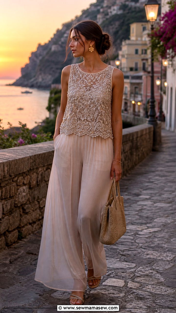 Embroidered sleeveless top with chiffon wide leg pants - 40 Summer Italy outfit ideas