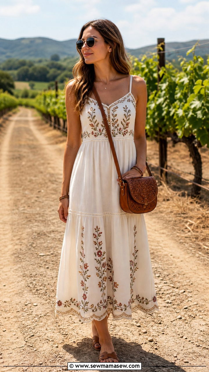 Embroidered sundress with leather sandals - 40 summer sundress outfit ideas
