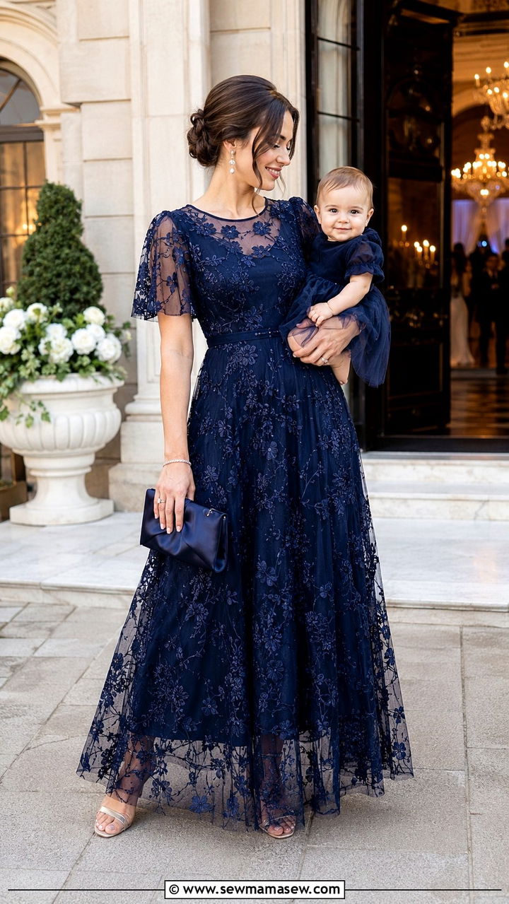 Embroidered tulle maxi dress with pearl earrings - 25 wedding guest outfits for new moms
